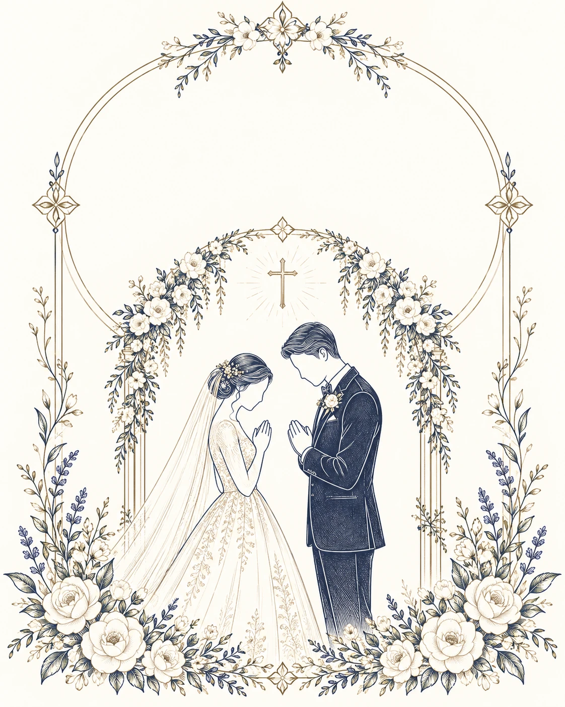 Symbolic faceless line illustration of a bride and groom in prayer beneath a floral arch